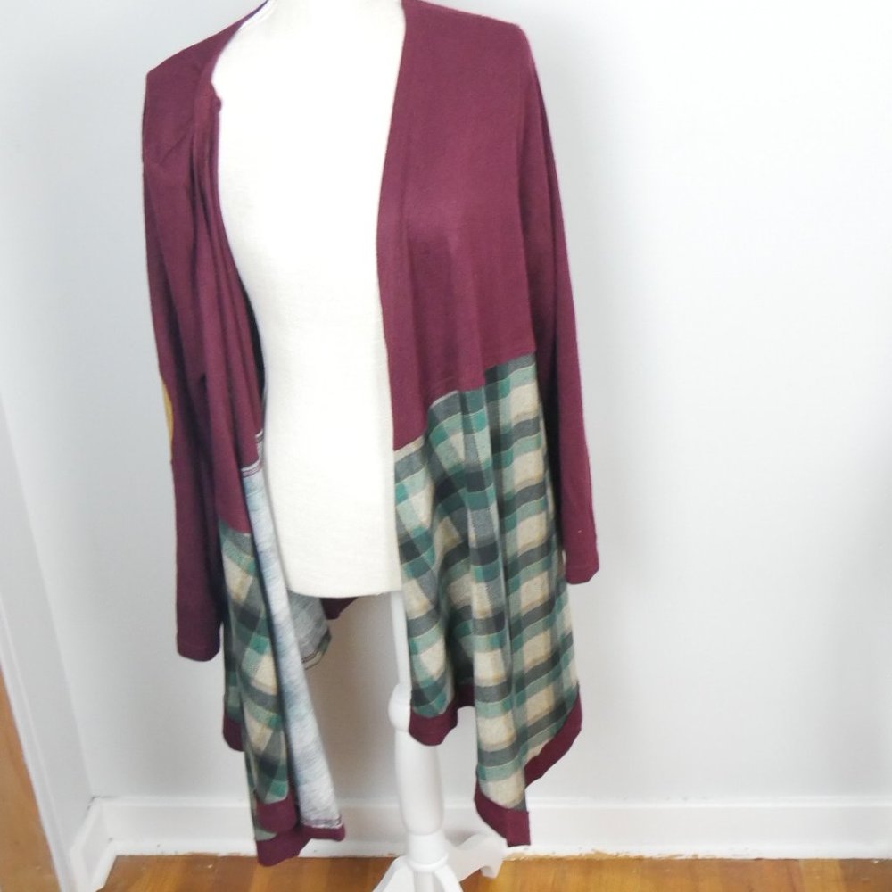 Entro Maroon with Green Plaid and Tan Elbow Patch Open Cardigan Medium